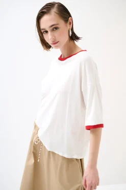 Best KIKISIX T-SHIRT PARICOLLO E FONDO MANICA COSTINA BIANCO/ROSSO