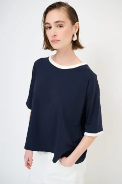 Outlet KIKISIX T-SHIRT PARICOLLO E FONDO MANICA COSTINA BLU/PANNA