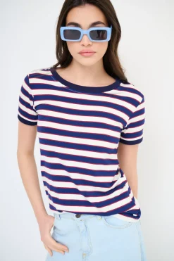 Hot KIKISIX T-SHIRT RIGA CON COLLO E MANICA COSTINA BLU