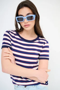 Hot KIKISIX T-SHIRT RIGA CON COLLO E MANICA COSTINA BLU