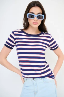 Hot KIKISIX T-SHIRT RIGA CON COLLO E MANICA COSTINA BLU