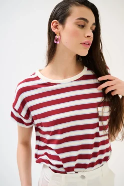 Discount KIKISIX T-SHIRT SCATOLINA CON TASCA RIGHE VINO