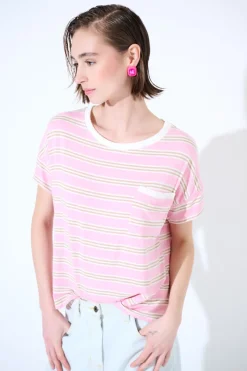 Hot KIKISIX T-SHIRT SCATOLINA CON TASCA RIGHE ROSA