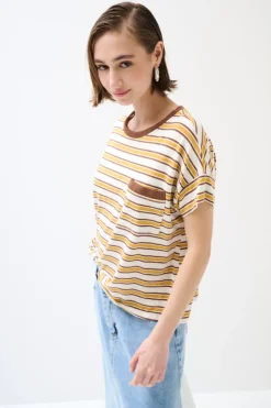 Discount KIKISIX T-SHIRT SCATOLINA CON TASCA RIGHE VINO