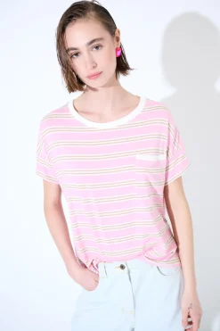 Hot KIKISIX T-SHIRT SCATOLINA CON TASCA RIGHE ROSA
