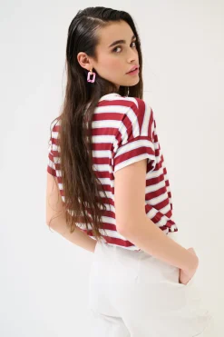 Discount KIKISIX T-SHIRT SCATOLINA CON TASCA RIGHE VINO