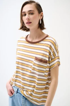 Discount KIKISIX T-SHIRT SCATOLINA CON TASCA RIGHE VINO