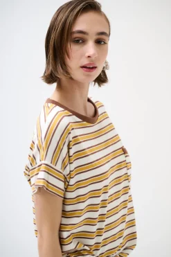 Discount KIKISIX T-SHIRT SCATOLINA CON TASCA RIGHE VINO