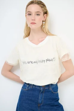 New KIKISIX T-SHIRT SCRITTA CUORE GLITTER+PIZZO BIANCO