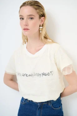 New KIKISIX T-SHIRT SCRITTA CUORE GLITTER+PIZZO BIANCO