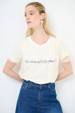 New KIKISIX T-SHIRT SCRITTA CUORE GLITTER+PIZZO BIANCO